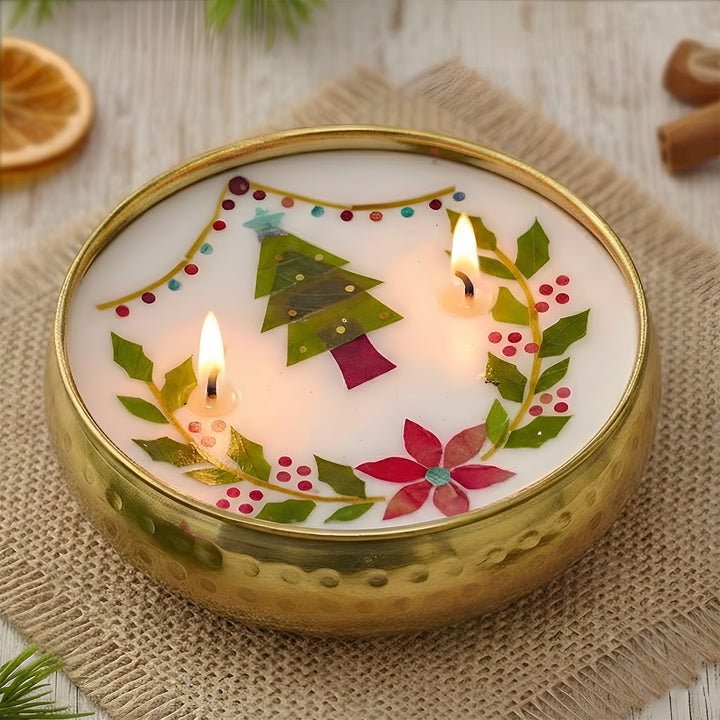 4 Inch | Handmade Pressed Flower Xmas Tree & Holly Theme Brass Christmas Candle | Packed in a Gift Box
