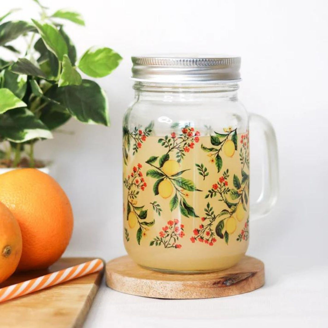Botanical Print Mason Jar with Metal Lid & Straw | 500 ml