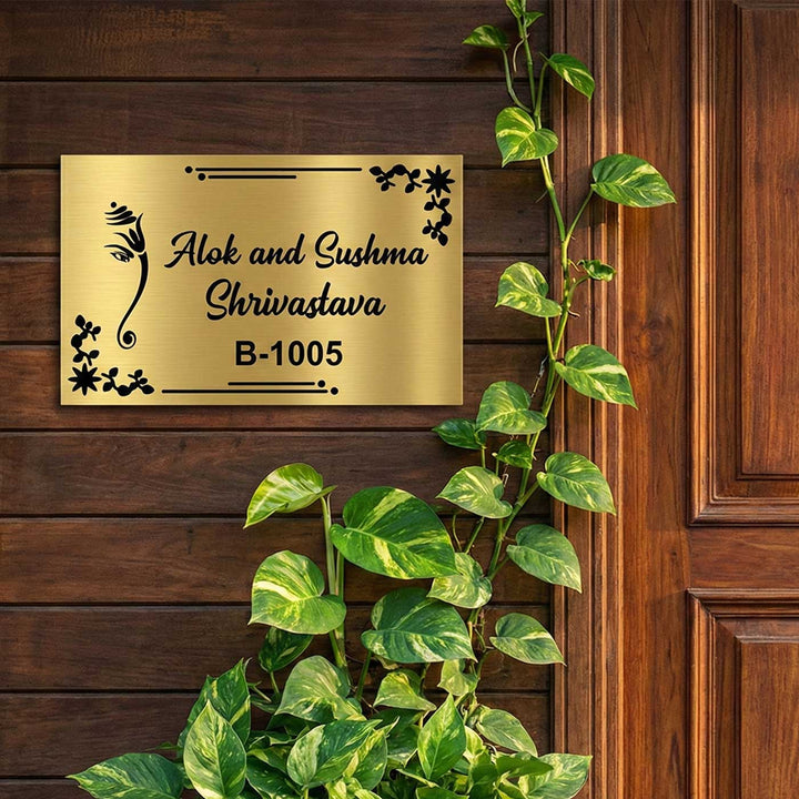 Sleek Ganesha Engraved Personalized Golden Metal Name Plate | Weather Proof, Glossy Mirror Finish
