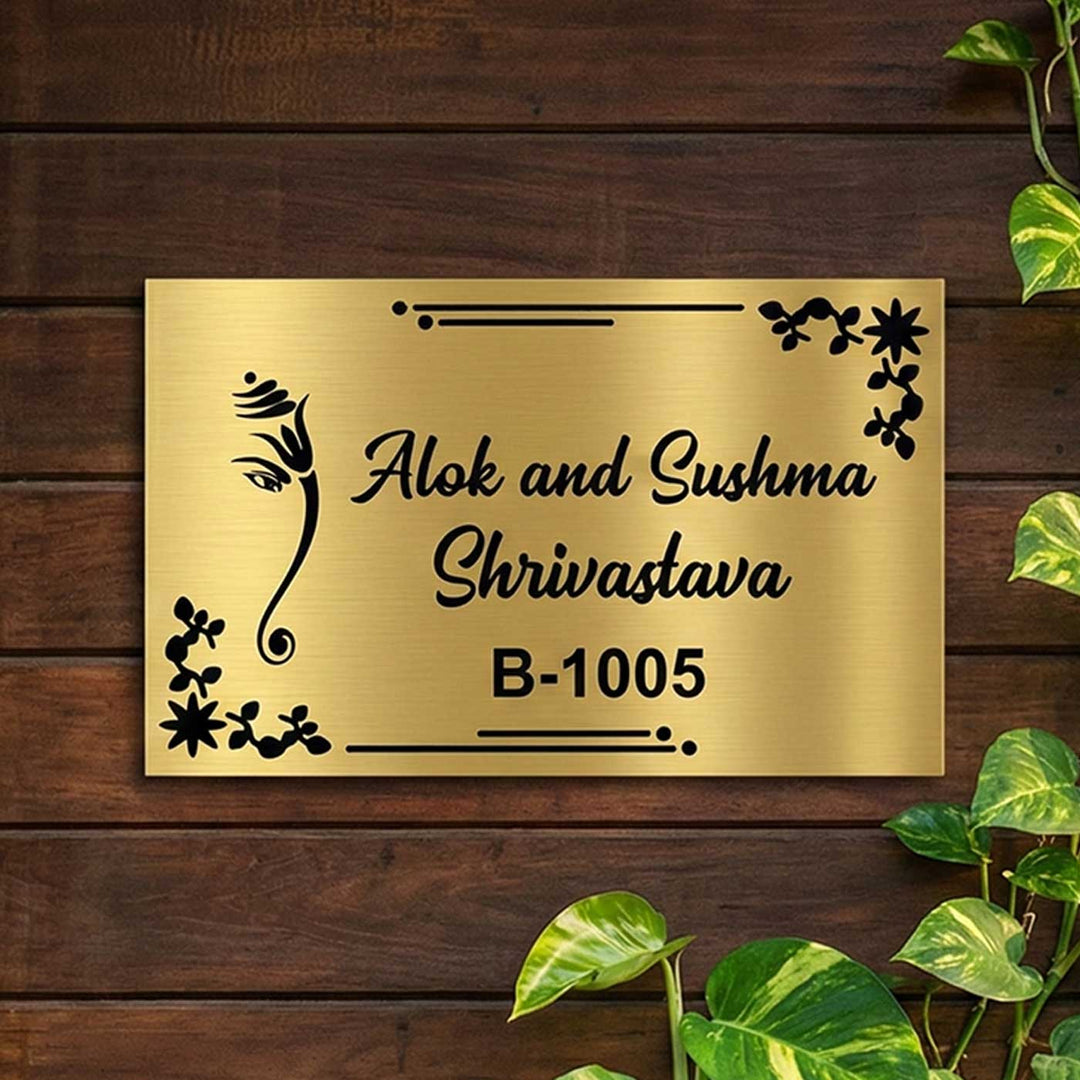 Sleek Ganesha Engraved Personalized Golden Metal Name Plate | Weather Proof, Glossy Mirror Finish