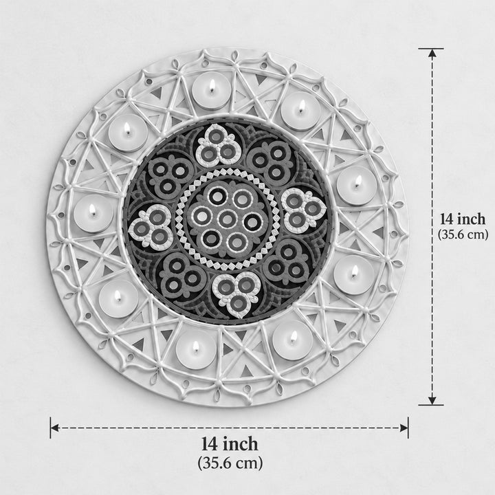 14 Inch | Lippan Art Round MDF Aagan Aari Rangoli With Tealight Holder And Kutch Embroidery Centre