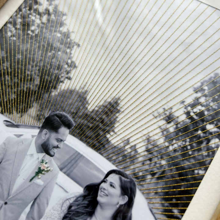 Bouquet And Golden Rays Design Hand Embroidered Photo With Wooden Frame