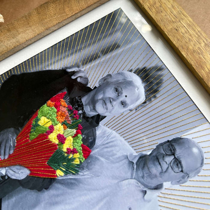 Bouquet And Golden Rays Design Hand Embroidered Photo With Wooden Frame
