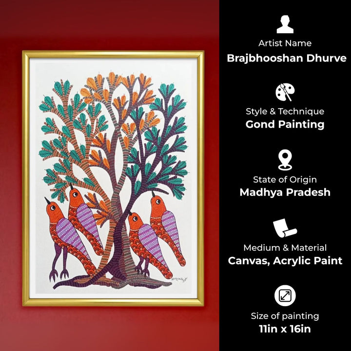 11 x 16 Inch | Birds Resting Under Tree | Original Hand Painted Tribal Gond Art Painting | Acrylic Paint On Paper
