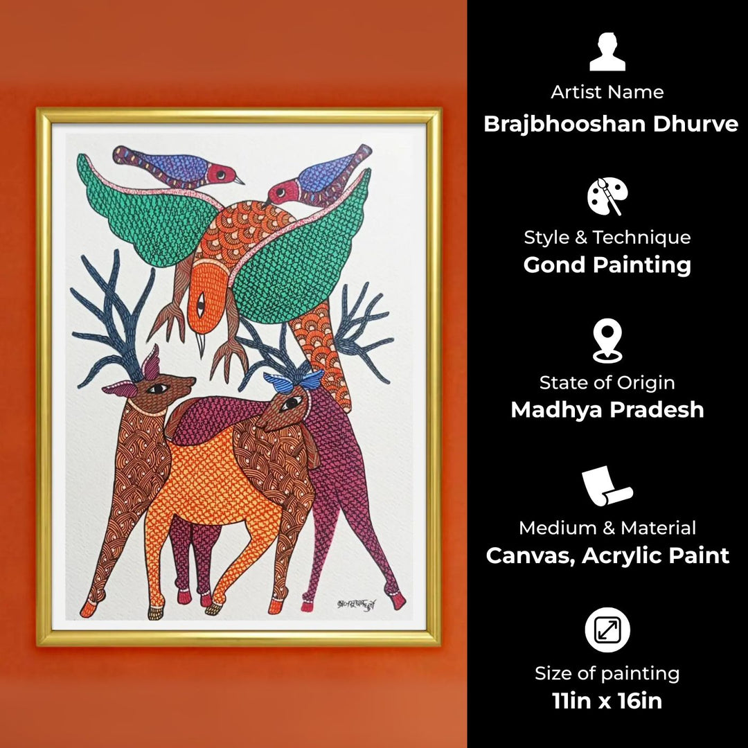 11 x 16 Inch | Deer and Birds in Harmony | Original Hand Painted Tribal Gond Art Painting | Acrylic Paint On Paper