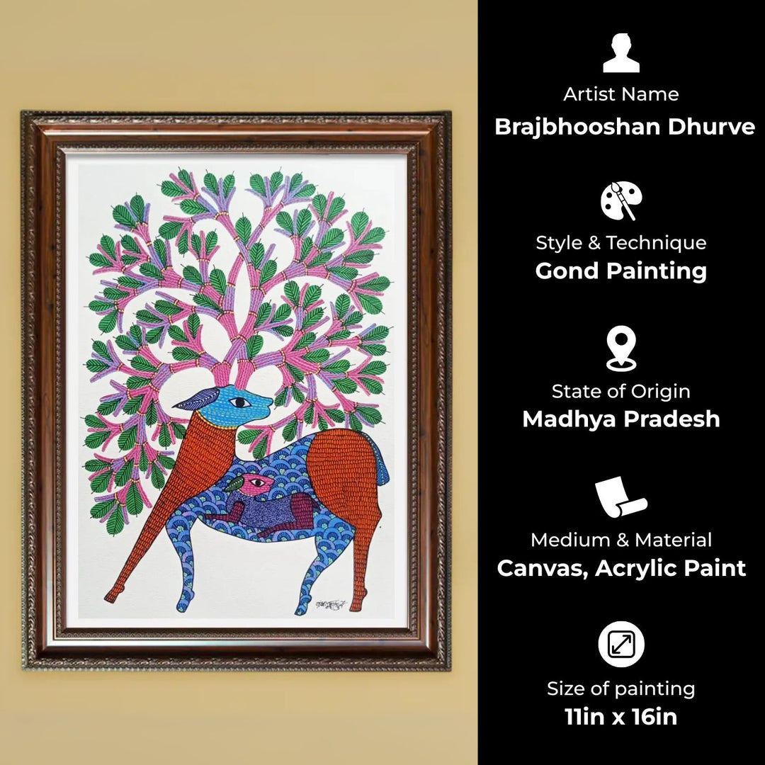 11 x 16 Inch | Deer With Tree | Original Hand Painted Tribal Gond Art Painting | Acrylic Paint On Paper