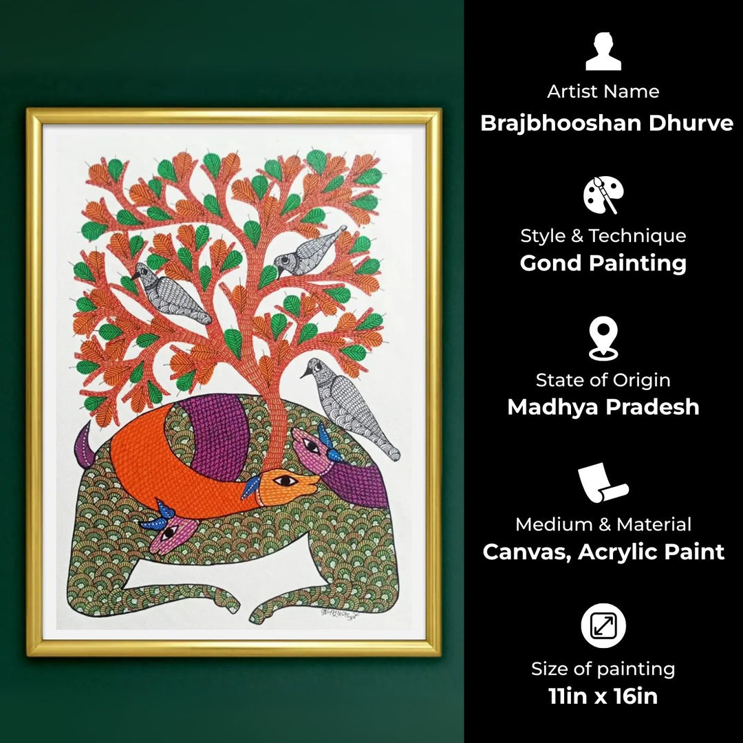 11 x 16 Inch | Deer with Tree & Birds | Original Hand Painted Tribal Gond Art Painting | Acrylic Paint On Paper