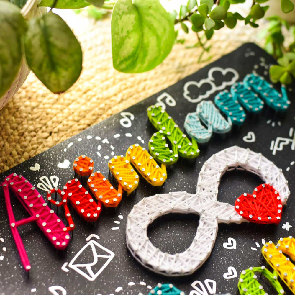 Personalized String Art 14 Inch Mdf Wood Name Plate For Couples - Angled Close-up Showing Details
