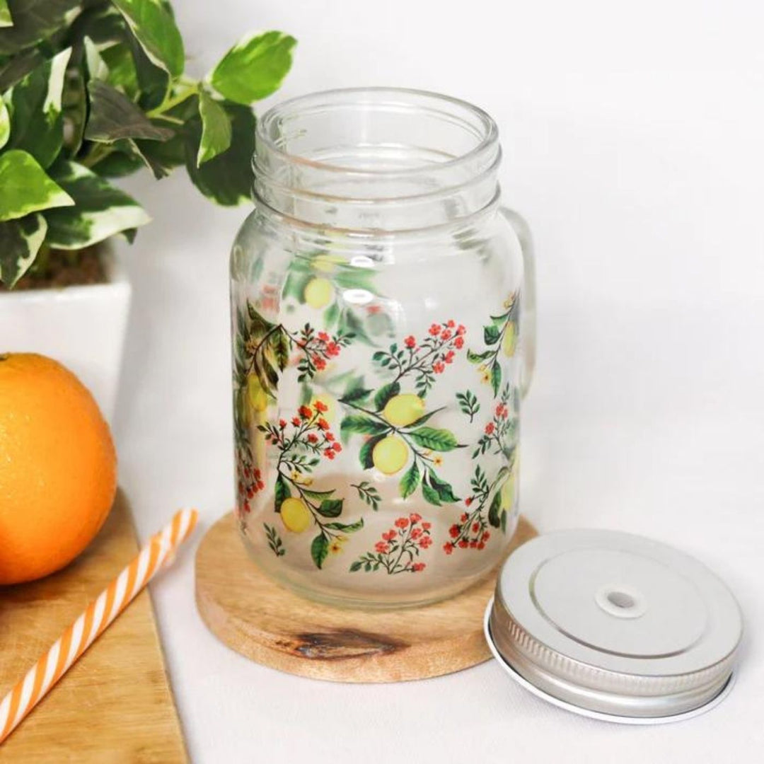 Botanical Print Mason Jar with Metal Lid & Straw | 500 ml