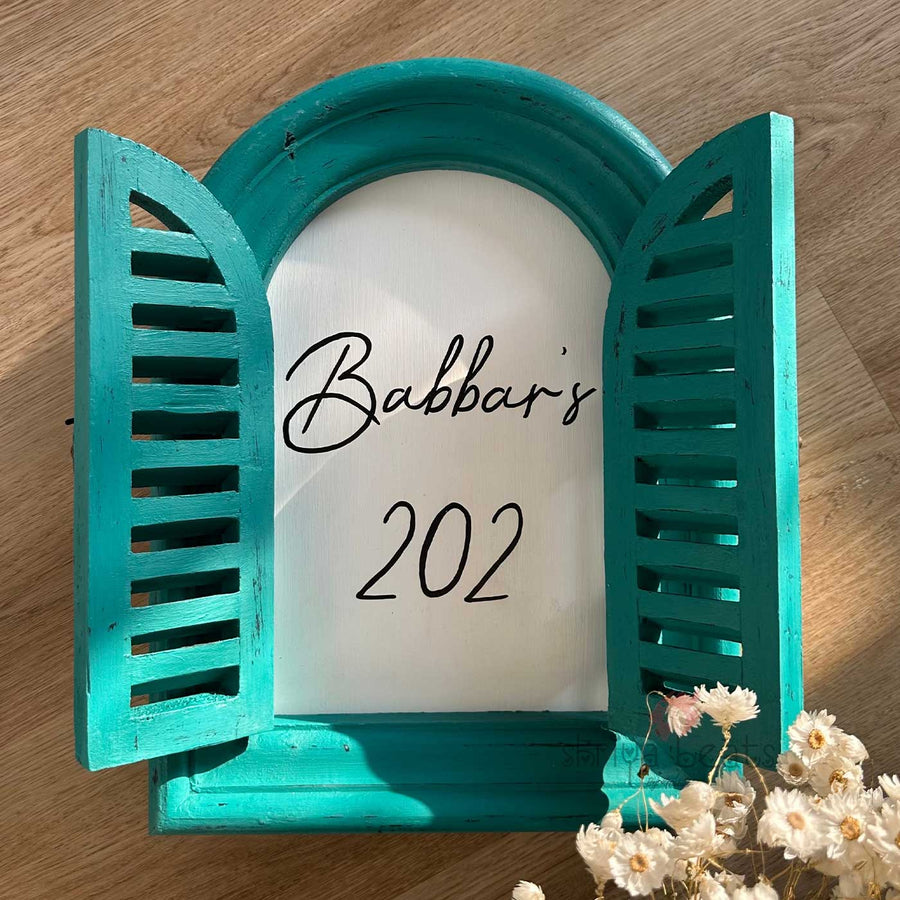 Arched Vintage Window Nameboard Copy 3 - Name Personalization Example with Open Shutters