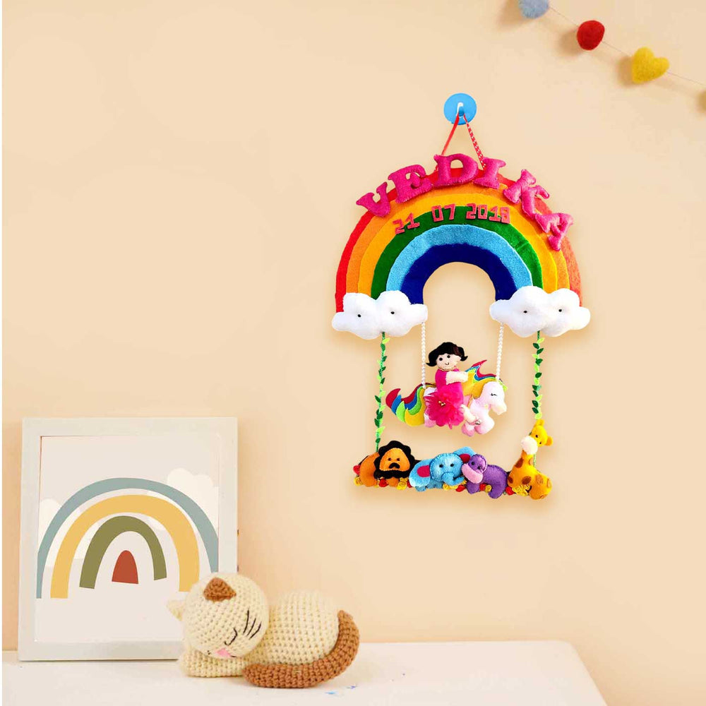 Personalized Unicorn And Rainbow Felt Kids Name Plate - Hanging on Wall Display