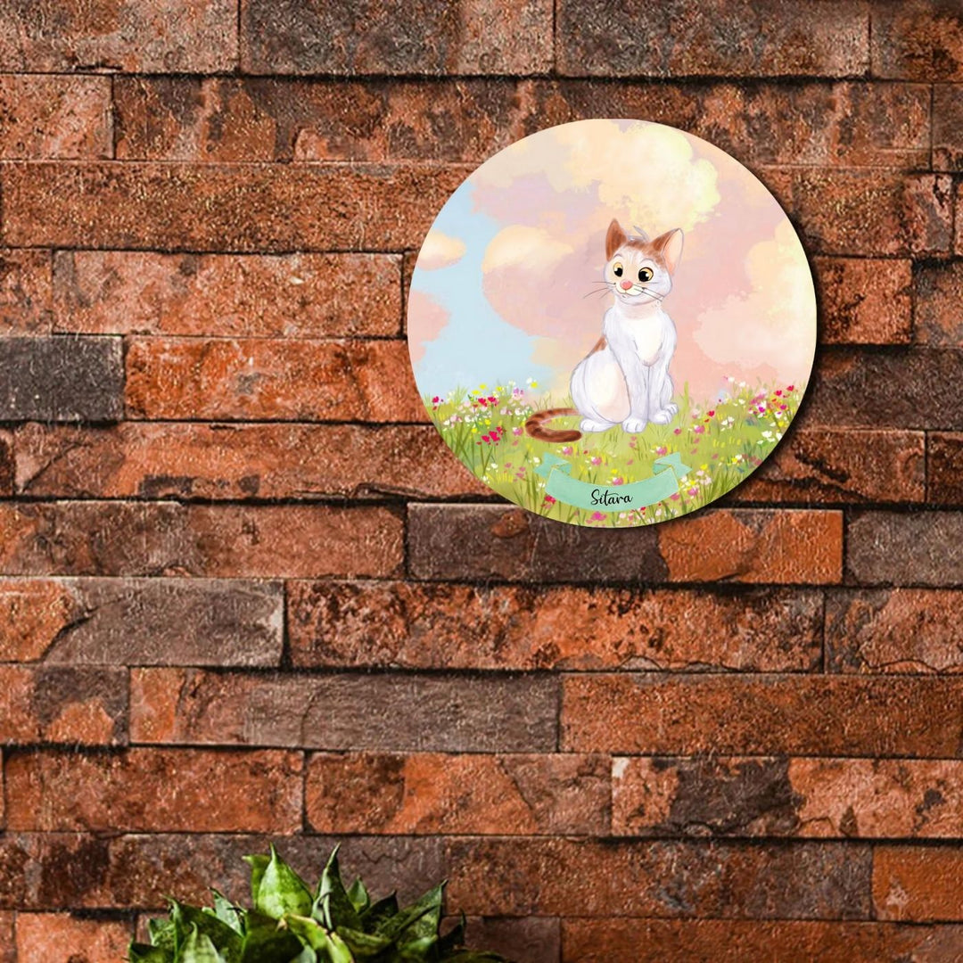 Photo Caricature Nameplate With Stand For Pets 6 - Mounted on Brick Wall Front View