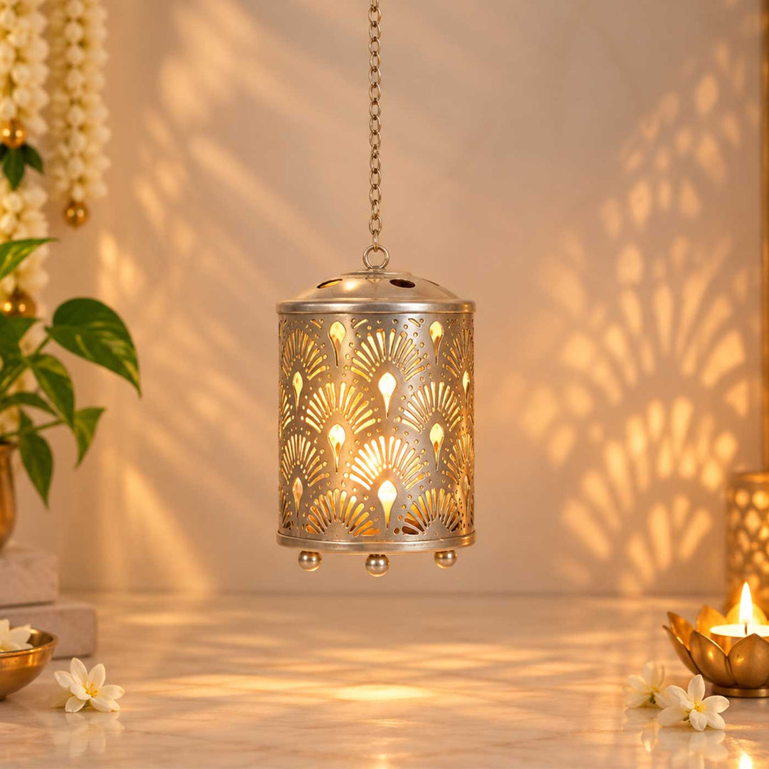 Handmade Silver Round Flower Etched Hanging Metal Tealight Holder For Festive Decor