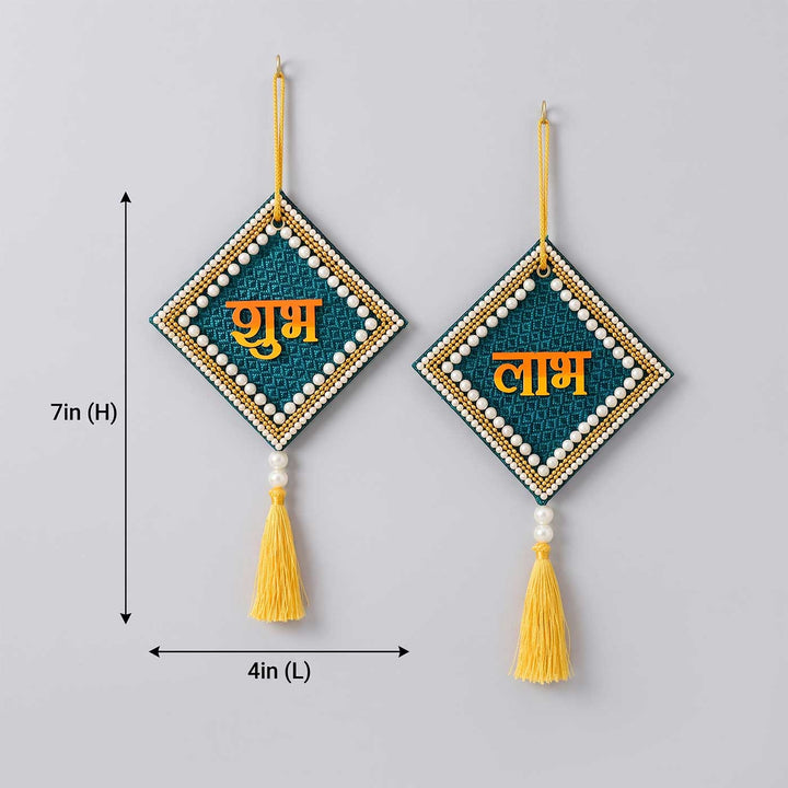 2 Pc |  Handcrafted Traditional Khun Fabric Shubh Labh Wall Hanging For Festive Decor