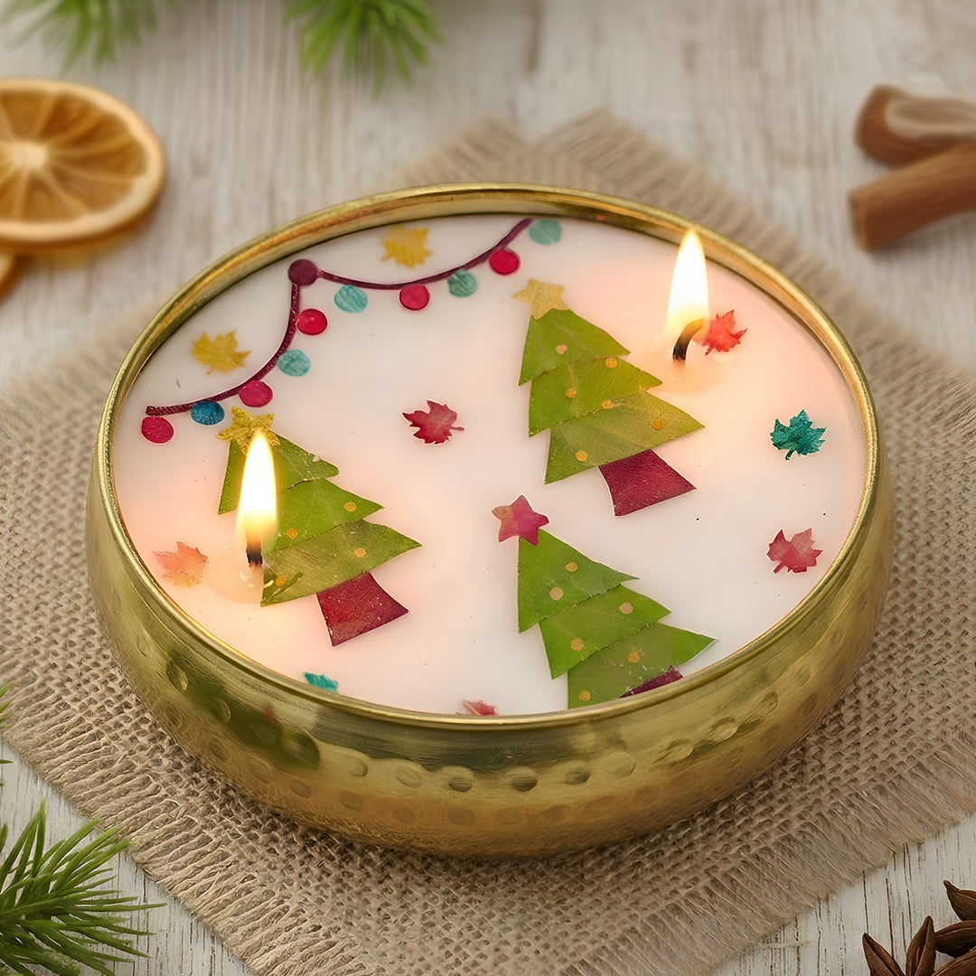 4 Inch | Handmade Pressed Flower Xmas Tree Theme Brass Christmas Candle | Packed in a Gift Box