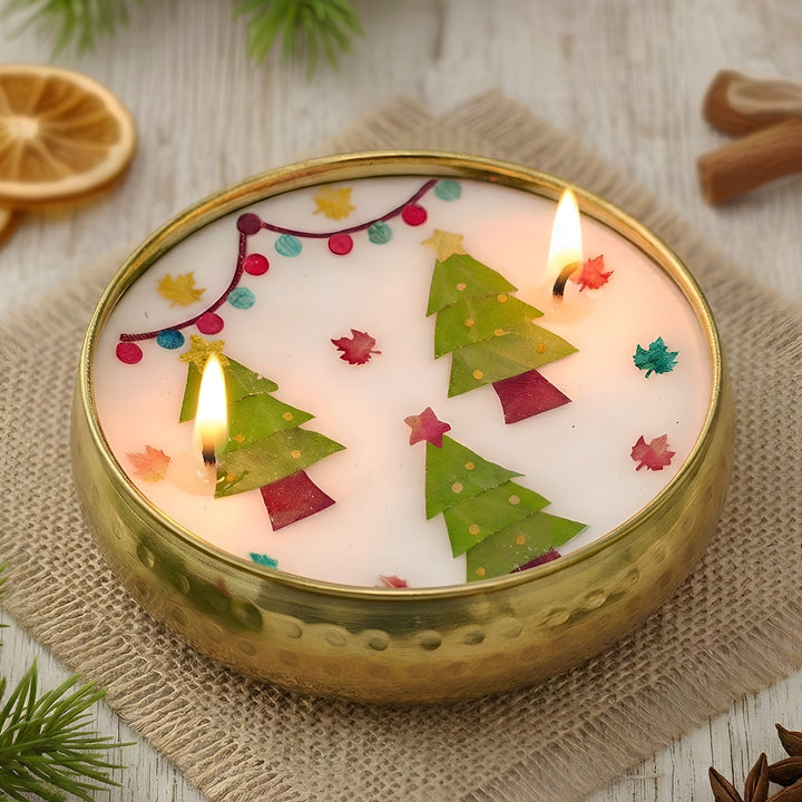 4 Inch | Handmade Pressed Flower Xmas Tree Theme Brass Christmas Candle | Packed in a Gift Box