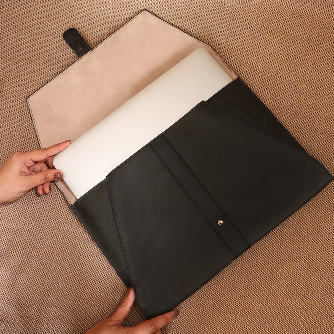 Personalized Black Envelope Leather Laptop Sleeve