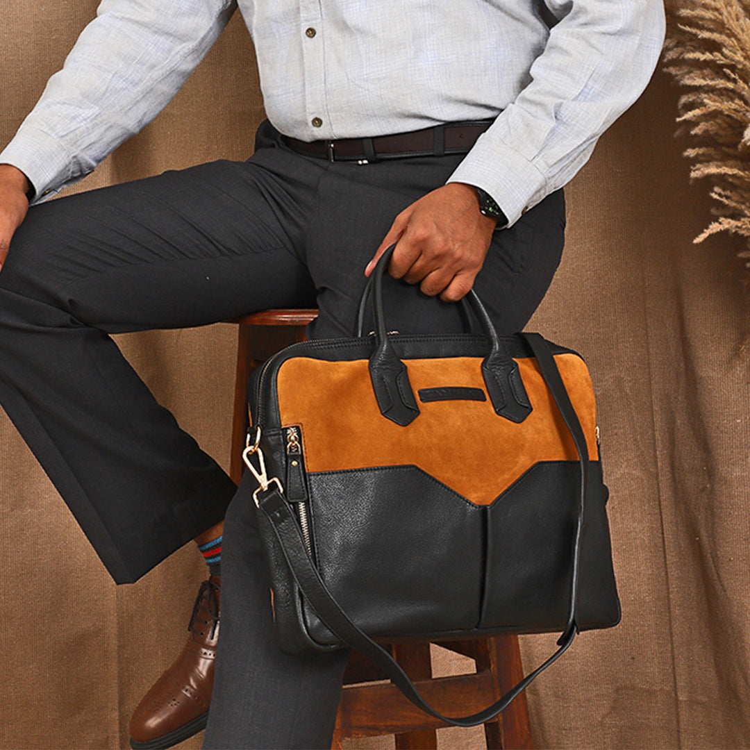 Personalized Orange & Black Jarvis Leather Laptop Bag
