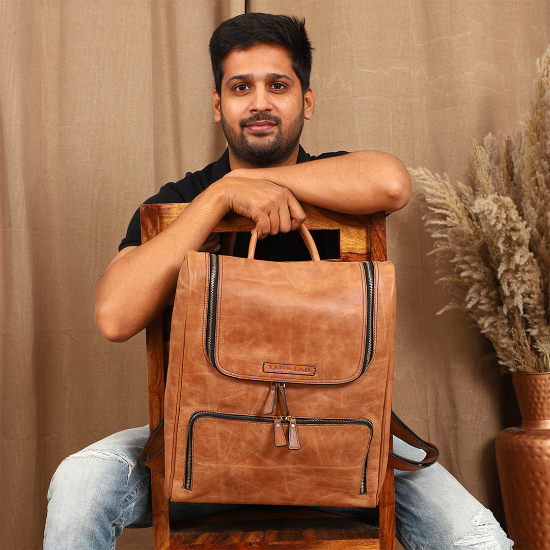 Personalized Honey Brown Phill Leather Backpack