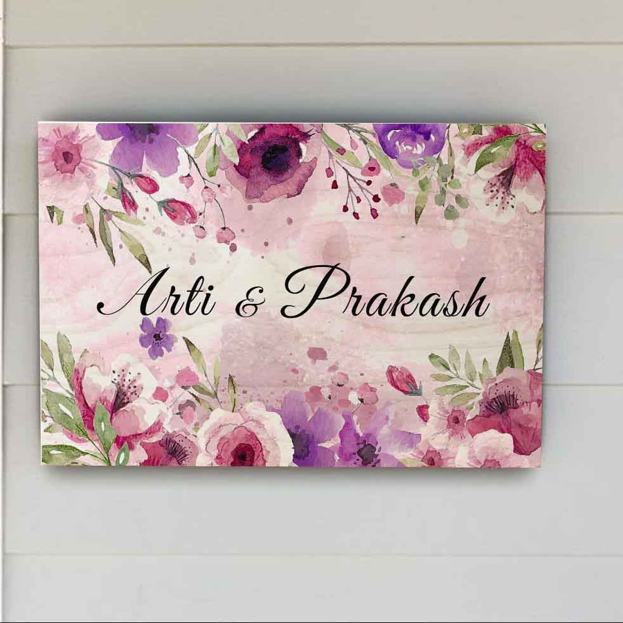 Printed Spring Floral Wooden Rectangle Nameplate - Front View with Name Personalization