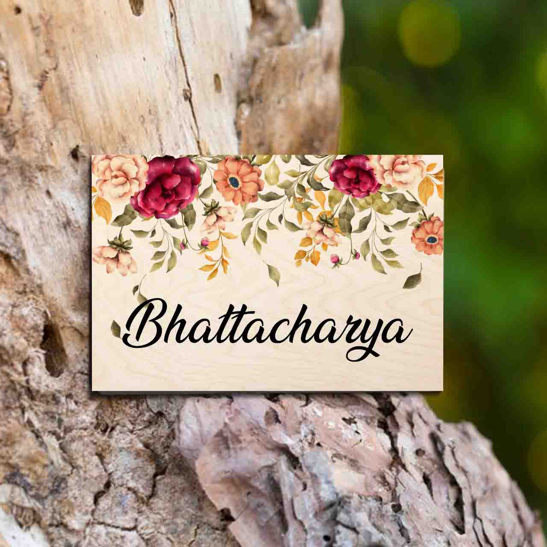 Printed Floret Wooden Rectangle Nameplate - Name Personalization Example Mounted Outdoors