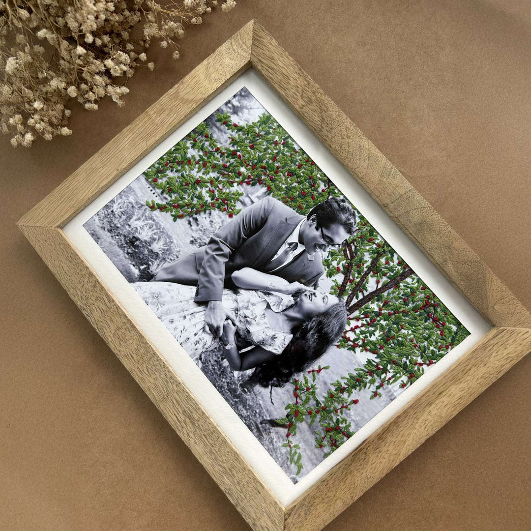 Tree Background Design Hand Embroidered Photo With Wooden Frame