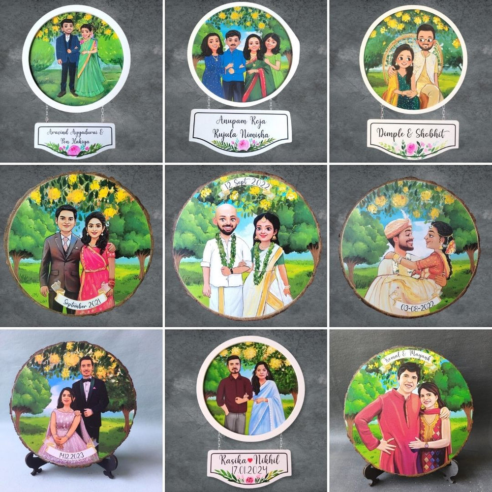 Photo Caricature Hanging Nameplate Wedding Couples 1 - Front View with Nameplate Personalization