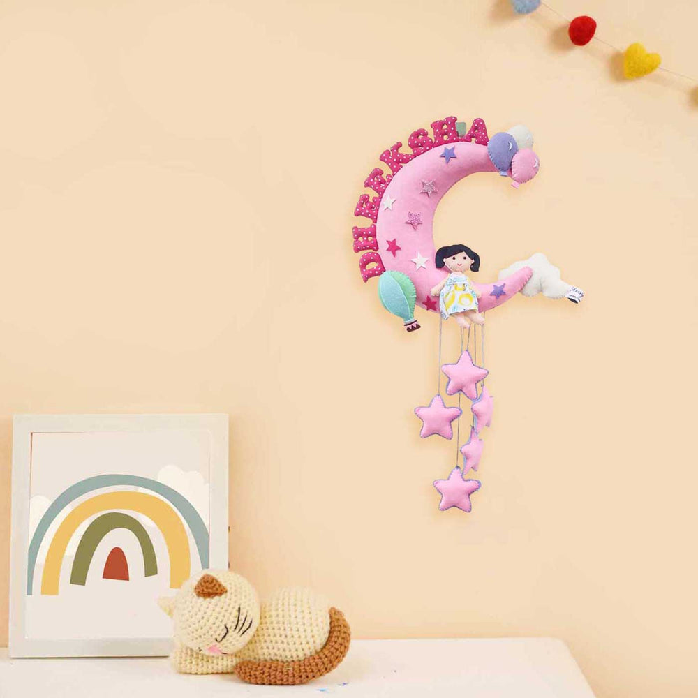 Personalized Girl On Moon Themed Felt Kids Name Plate 4 - Hanging on Wall Display