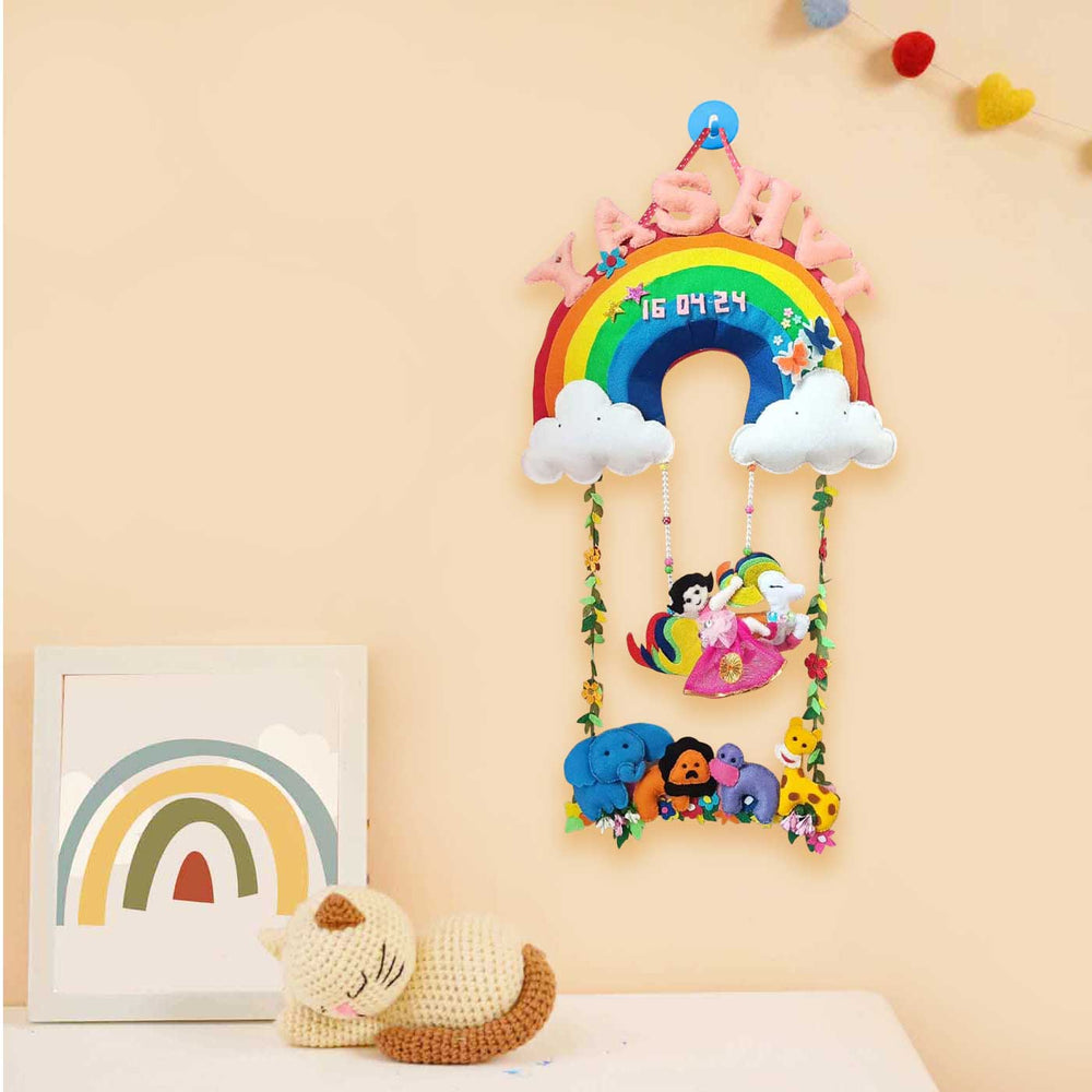 Personalized Unicorn And Rainbow Theme Felt Kids Name Plate - Hanging on Wall Showing Decoration
