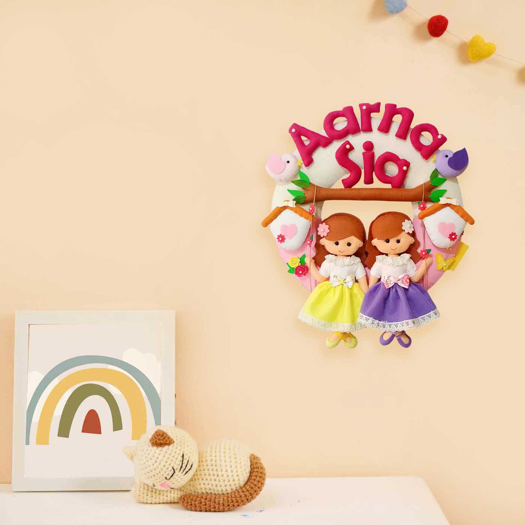 Personalized Sisters On Swing Theme Felt Kids Name Plate For Siblings - Mounted on Wall with Name Personalization