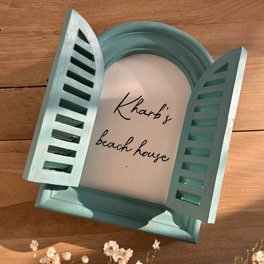 Arched Vintage Window Nameboard Copy 4 - Personalization Example with Open Shutters