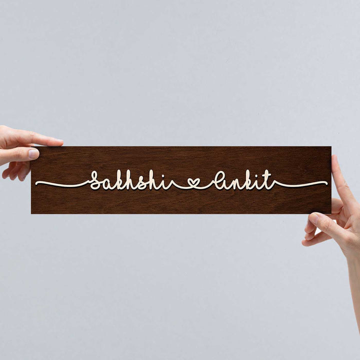 Minimalist 3D Nameplate For Couples Copy - Name Personalization Example Held Horizontally