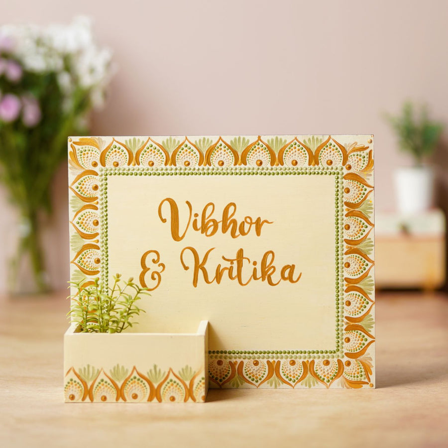 Handcrafted Dot Art Rectangular Planter Name Plate 1 - Name Personalization Example Front View