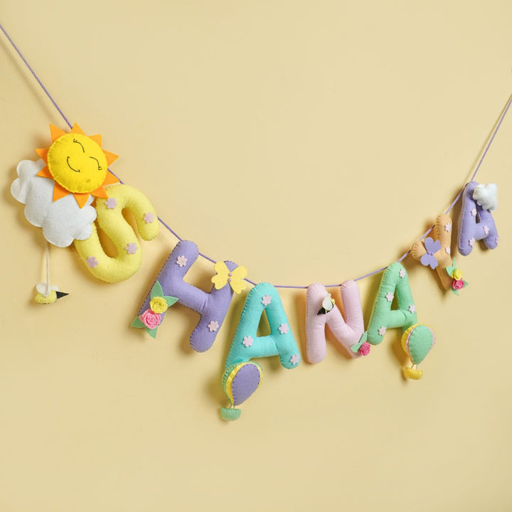 Handmade Personalized Felt Kids Bunting Hot Air Balloon - Front View Hanging on Wall