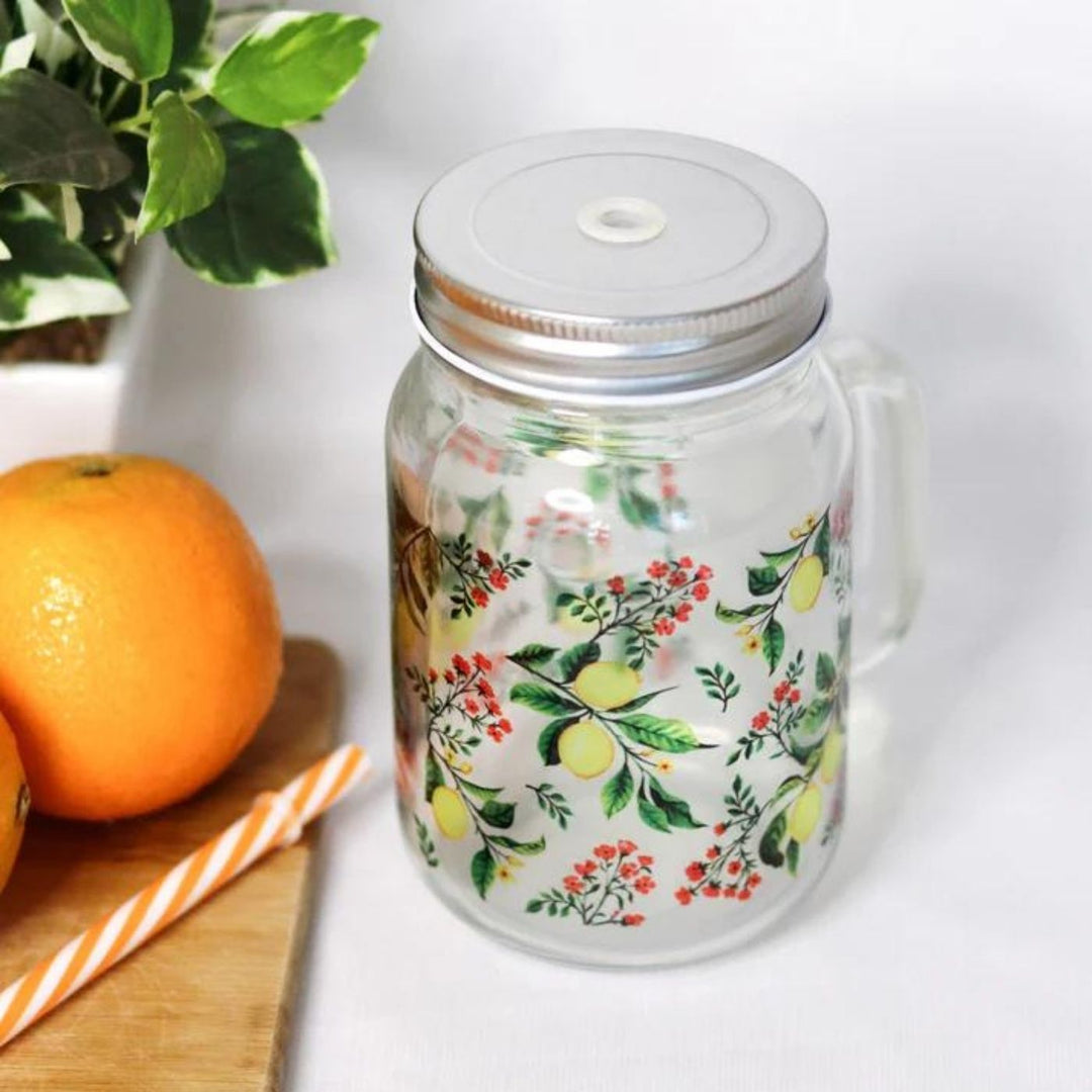 Botanical Print Mason Jar with Metal Lid & Straw | 500 ml