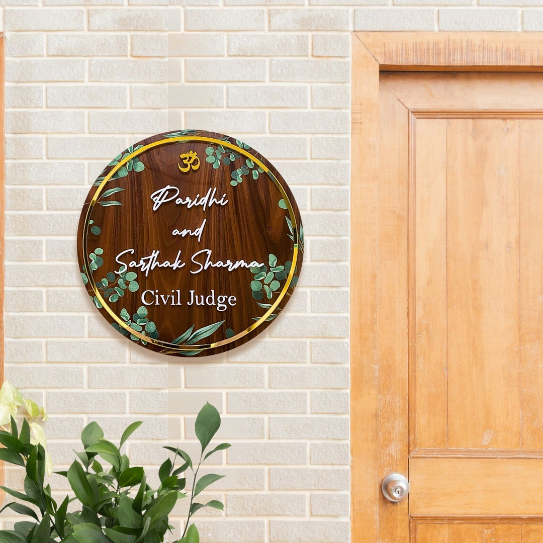 Personalised Wooden Floral Round Nameplate Copy 3 - Mounted on Brick Wall Near Door