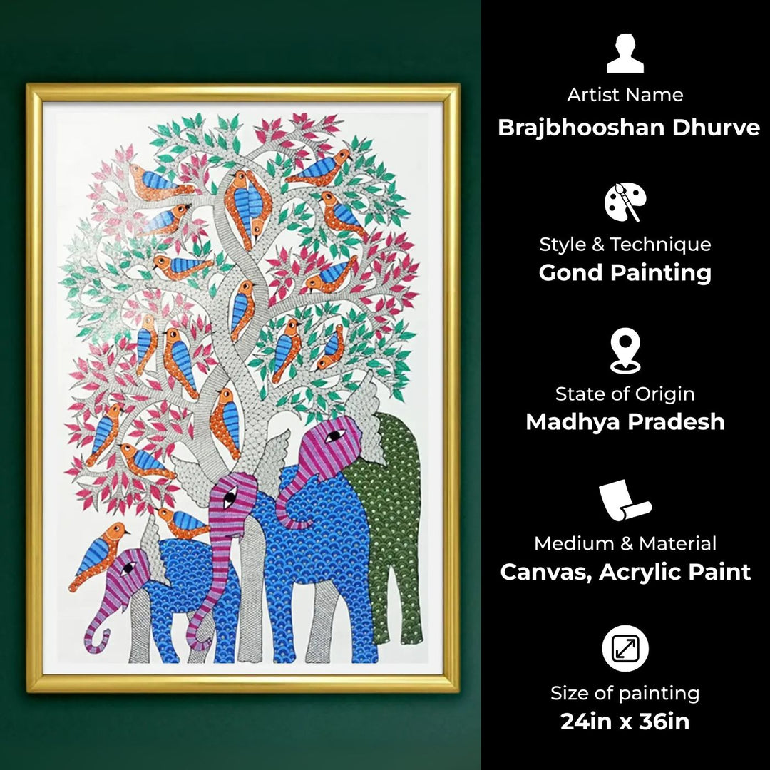 24 x 36 Inch | Elephant & Bird | Original Hand Painted Tribal Gond Art Painting | Acrylic Paint On Canvas