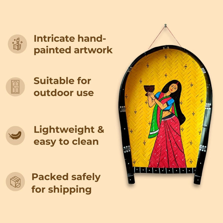 Handpainted Dhak Kulo | Yellow Durga Pujo Themed Bamboo Wall Decor