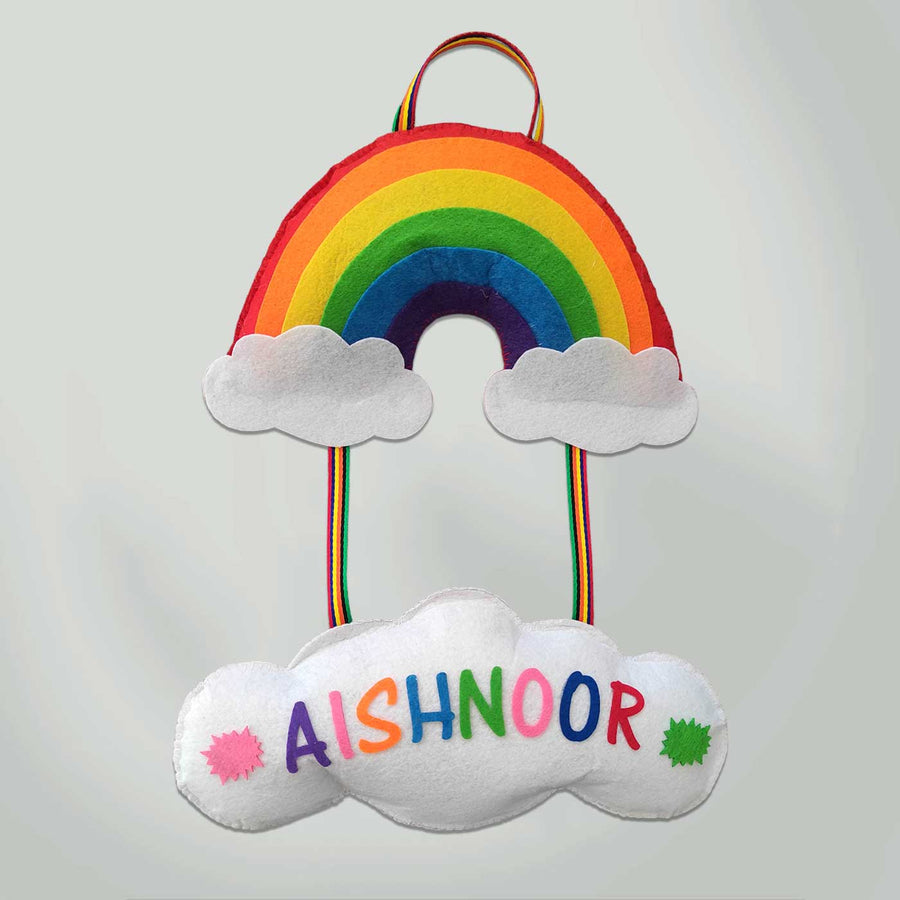 Personalized Handmade Rainbow Felt Name Plate - Front View Hanging Display