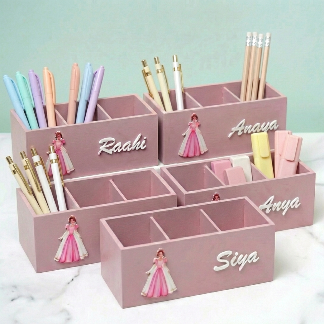Personalized Wooden Princess Themed Stationery Organizer For Kids