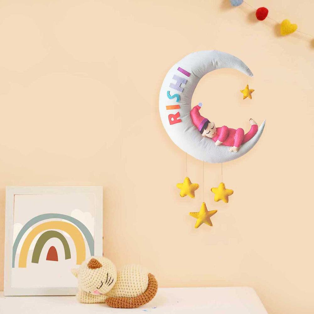Personalized Girl On Moon Themed Felt Kids Name Plate 2 - Hanging on Nursery Wall Display