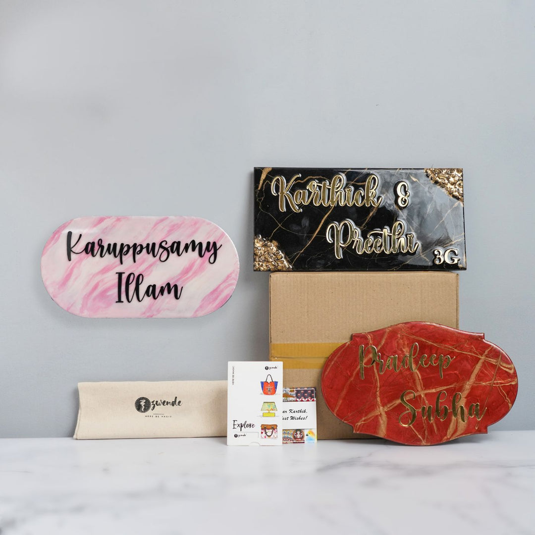 Handmade Resin Pink Black Oval Marbled Name Plate - Name Personalization Examples with Packaging
