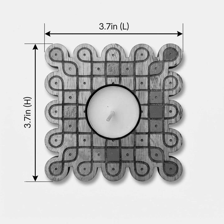 4 pc | Looped Square Hand-Engraved Mahogany Wood Kolam Tealight Holders