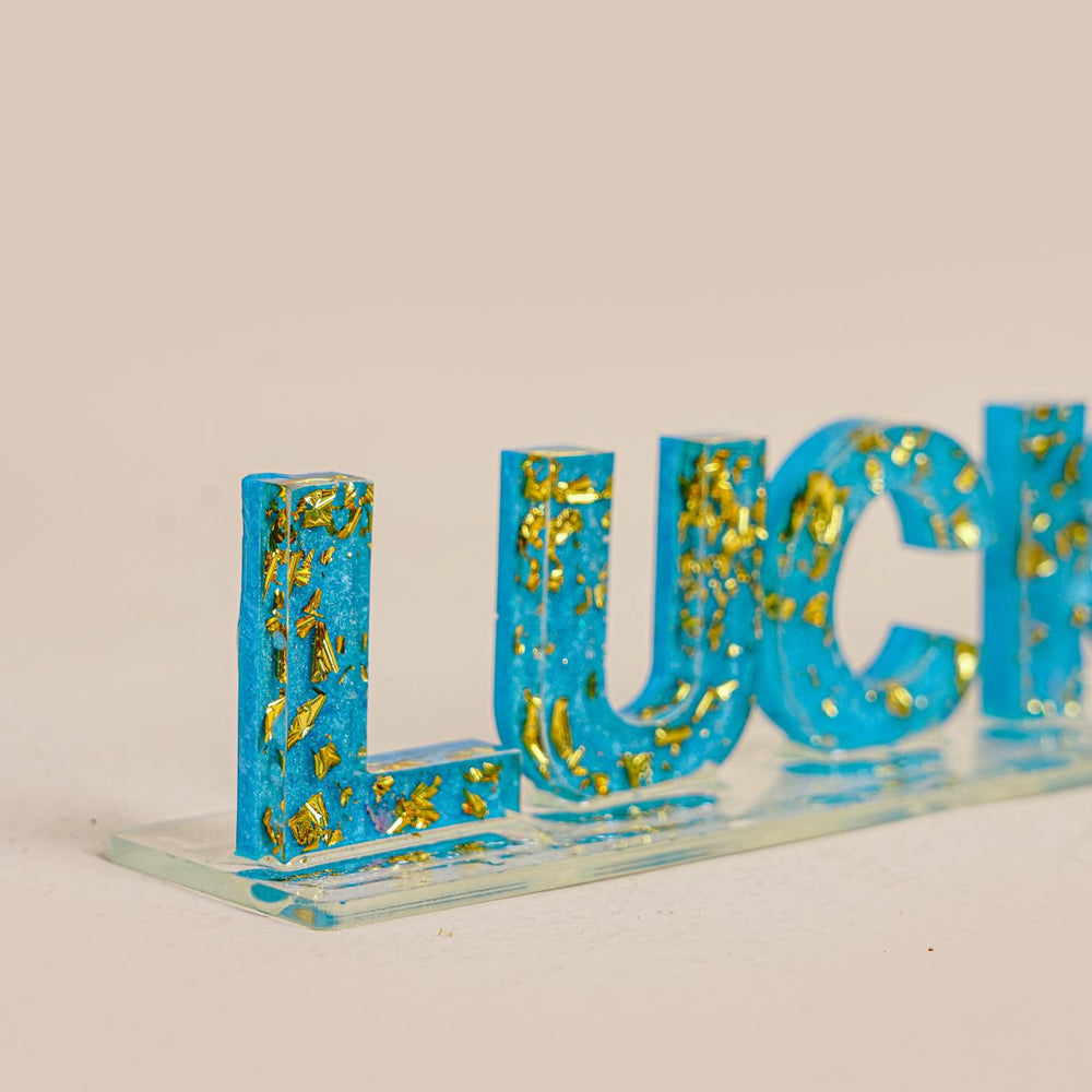 Handmade Resin Tabletop Name Plate With Acrylic Base - Side View Showing Depth
