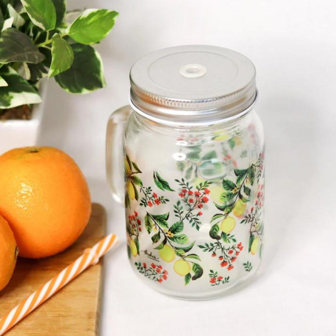 Botanical Print Mason Jar with Metal Lid & Straw | 500 ml