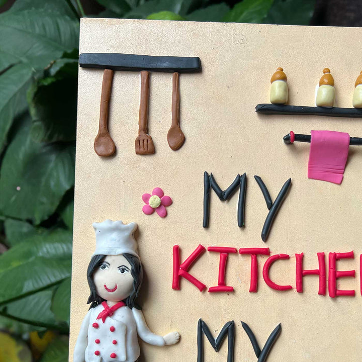 Handmade Caricature "My Kitchen My Rules" Theme Clay Decorative Plaque