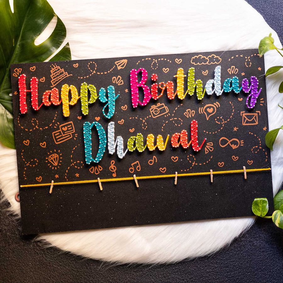 Personalized String Art Happy Birthday Mdf Wood Name Plate - Front View with Name Personalization