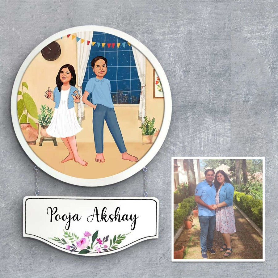 Photo Caricature Hanging Nameplate For Couples 5 - Front View with Personalized Plaque