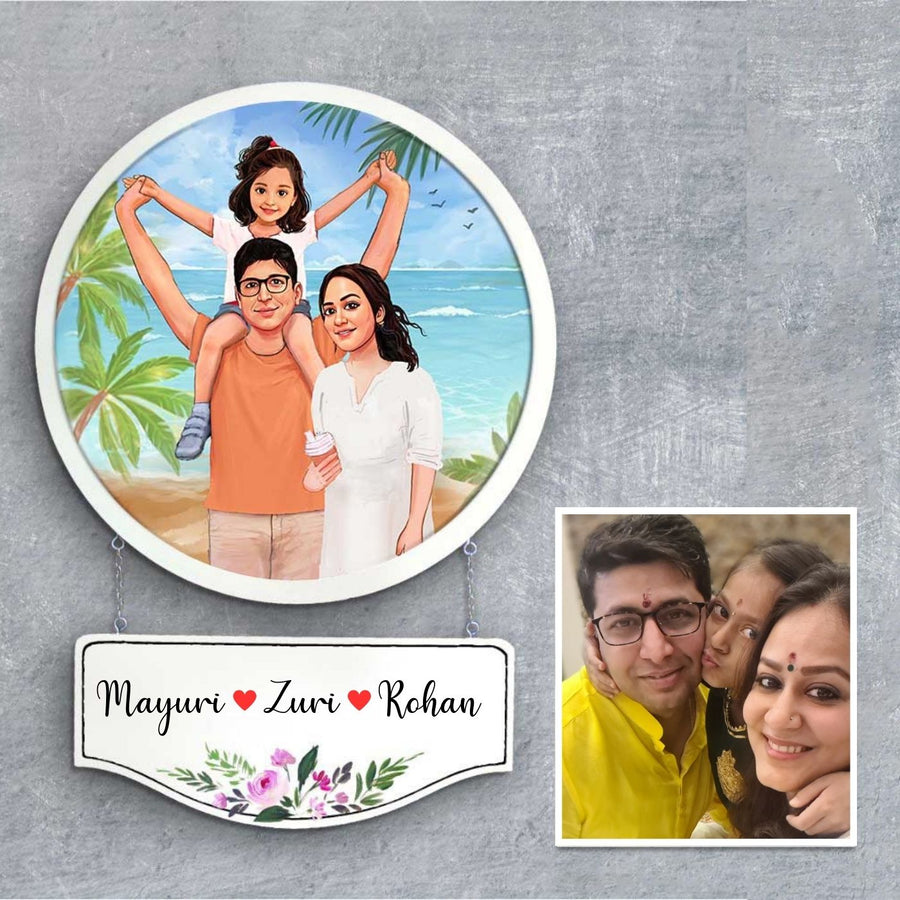 Photo Caricature Hanging Nameplate Small Family 3 - Front View with Name Personalization