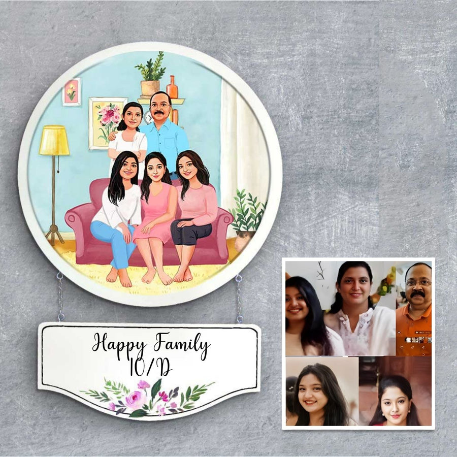 Photo Caricature Hanging Nameplate Small Family 4 - Front View with Personalized Illustration